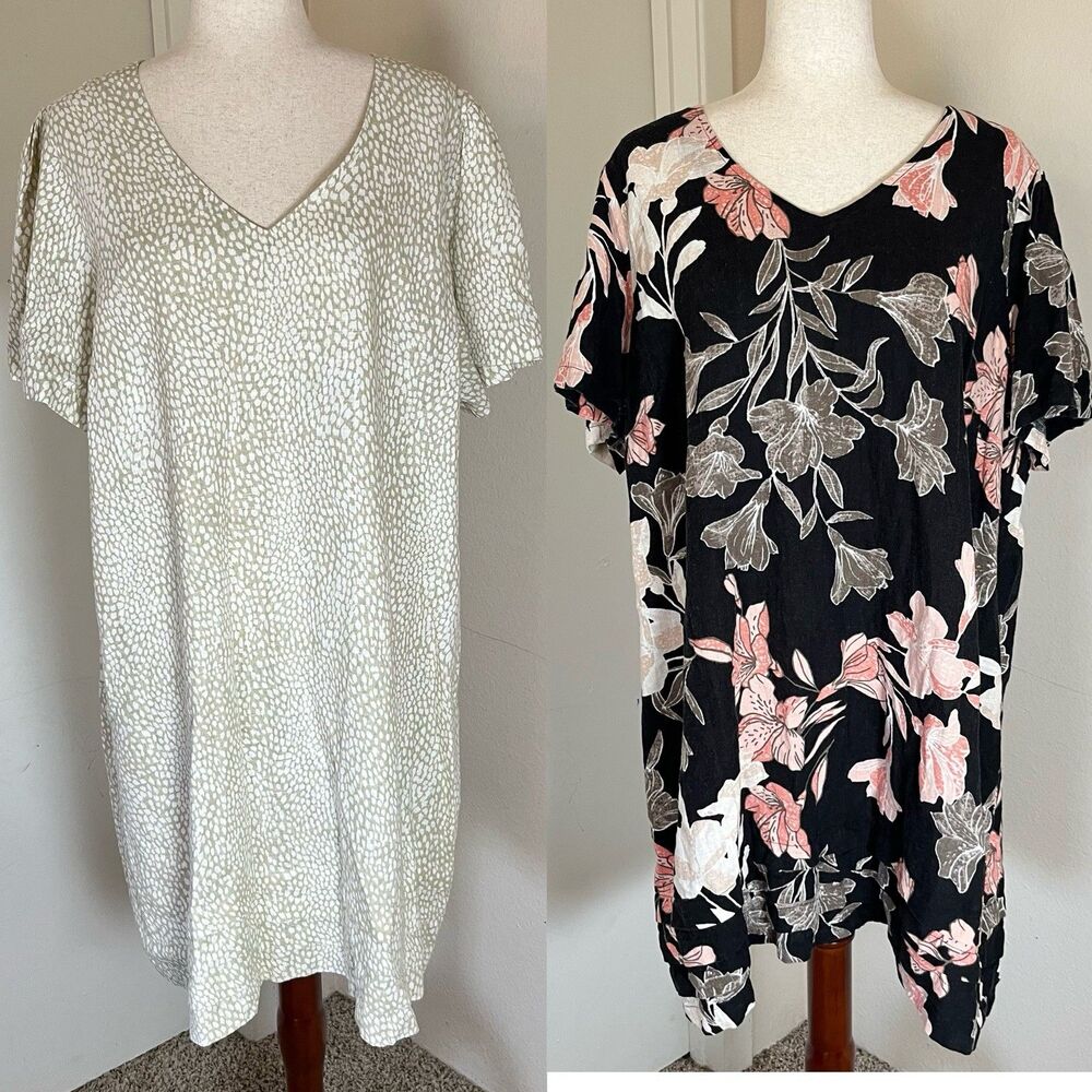 2 Pcs Nicole Miller Linen Midi Dress Sz 2X Floral Boho Coastal Minimalist Resort